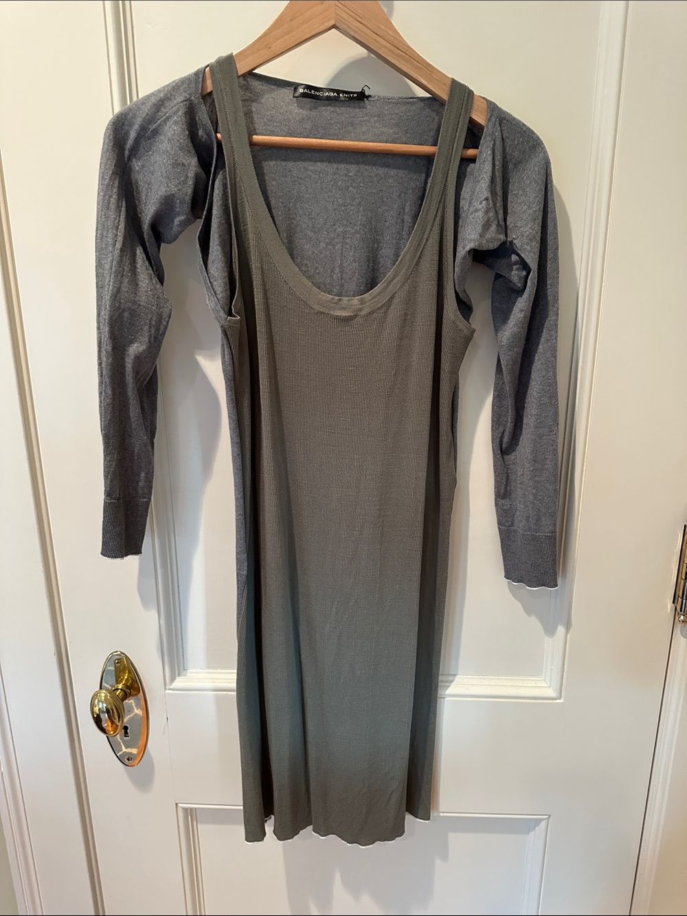2000’s Balenciaga Olive Green Knit Tank Dress with Gray sleeves Sz 36